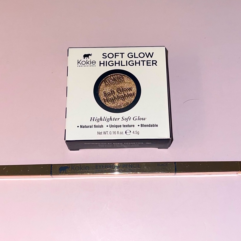 kokie Cosmetics Soft Glow Highlighter in Heavenly & eyebrow pencil in Black ➿